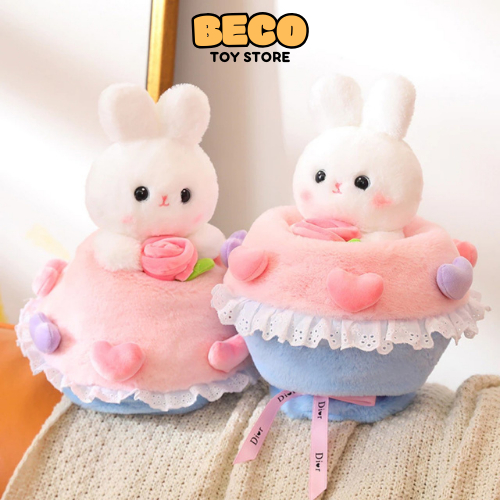 Bó Hoa Thỏ Mặc Váy Cưới Nhồi Bông Êm Mịn Dễ Thương