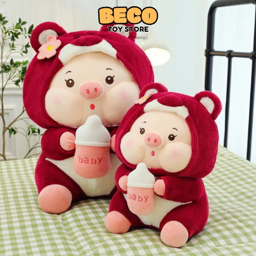 Gấu Bông Heo Cosplay Gấu Dâu Cầm Bình Sữa, Heo Sữa Mặc Áo Lotso