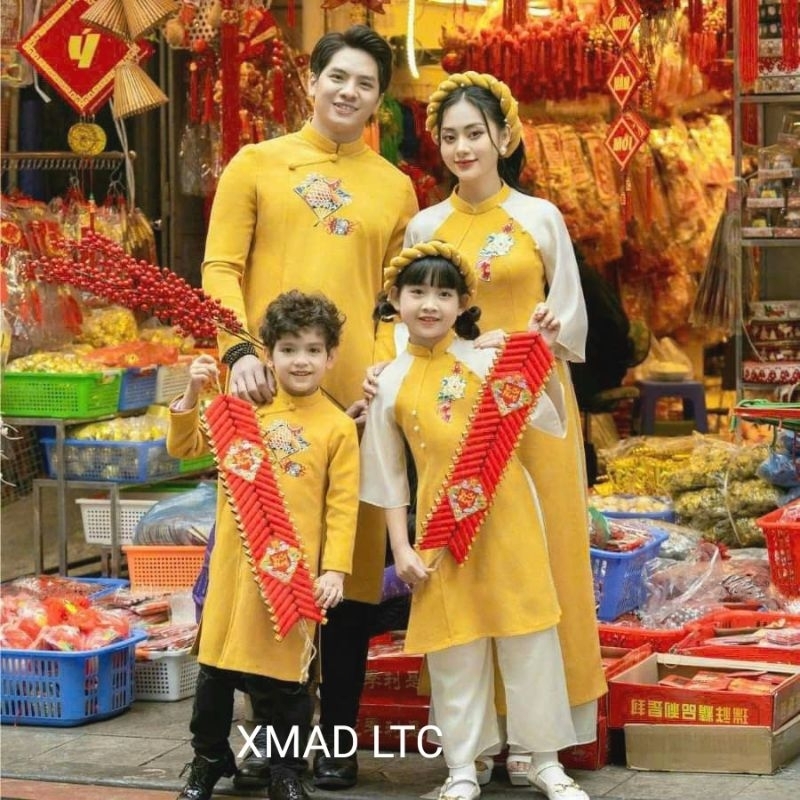Áo dài gia đình 💝FREESHIP💝 Áo dài gia đình Bố Mẹ con gái con trai màu vàng