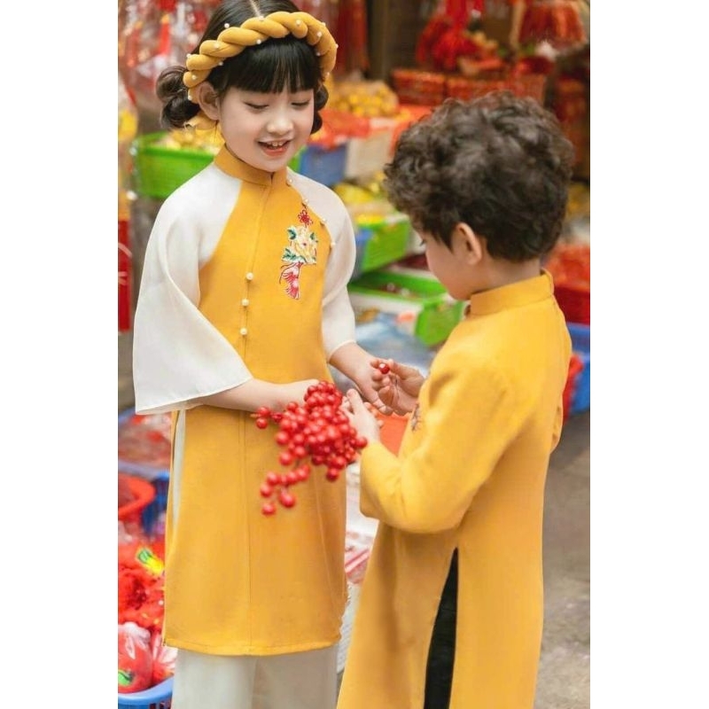 Áo dài gia đình 💝FREESHIP💝 Áo dài gia đình Bố Mẹ con gái con trai màu vàng