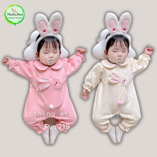 [Chất nỉ lông] Bộ body dài tay cổ sen hình thỏ áo liền quần bodysuit màu trắng, hồng cho bé gái từ 3-11kg