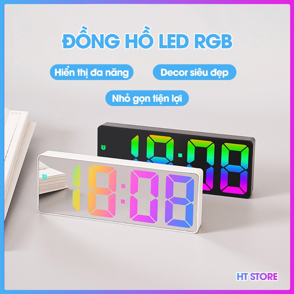 Đồng Hồ LED RGB Để Bàn Báo Thức Hiển Thị Thời Gian Nhiệt Độ Cảm Biến Ánh Sáng Tự Động, Decor Trang Trí HT STORE