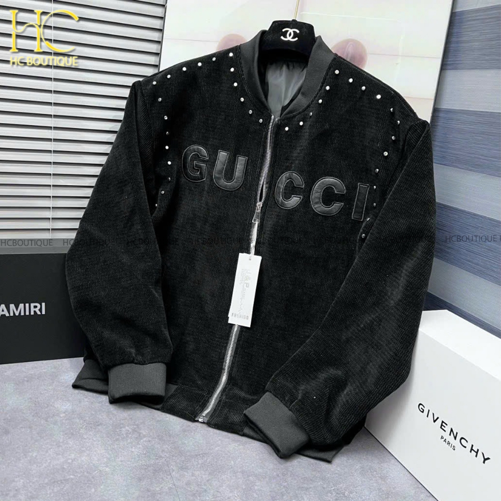 Áo khoác đen gù cì nam nữ, bomber cao cấp, hàng siêu cấp full tag mac