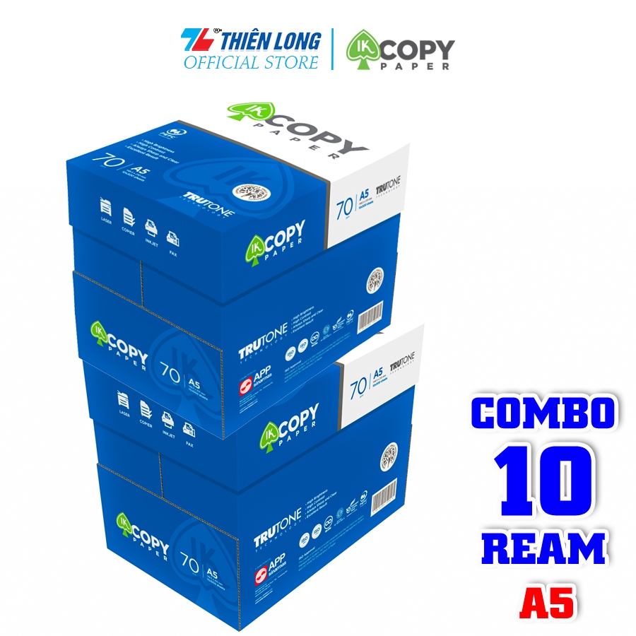 Combo 10 Ream giấy A5 70 gsm IK Copy (500 tờ) - Hàng nhập khẩu Indonesia