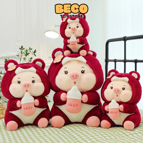 Gấu Bông Heo Cosplay Gấu Dâu Cầm Bình Sữa, Heo Sữa Mặc Áo Lotso