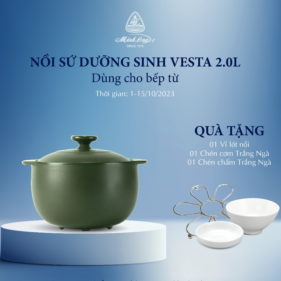 [MUA KÈM DEAL SỐC 1 TẶNG 3] Nồi Sứ Dưỡng Sinh Minh Long Healthy Cook Vesta 2.0 L - Dùng Cho Bếp Từ