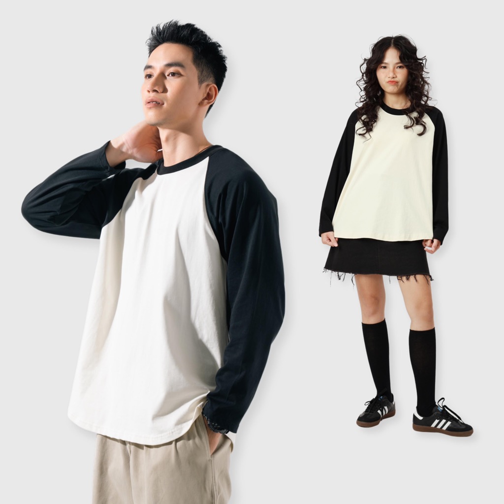 Flexible raglan Black - MEMS Áo thun nam tay dài trơn cổ tròn dài tay cotton áo phối màu nam nữ