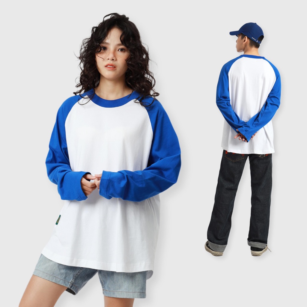 Flexible raglan White Blue | MEMS Áo thun cotton nam nữ tay dài trơn cổ tròn áo phối màu