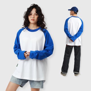 Flexible raglan White Blue | MEMS Áo thun cotton nam nữ tay dài trơn cổ tròn áo phối màu