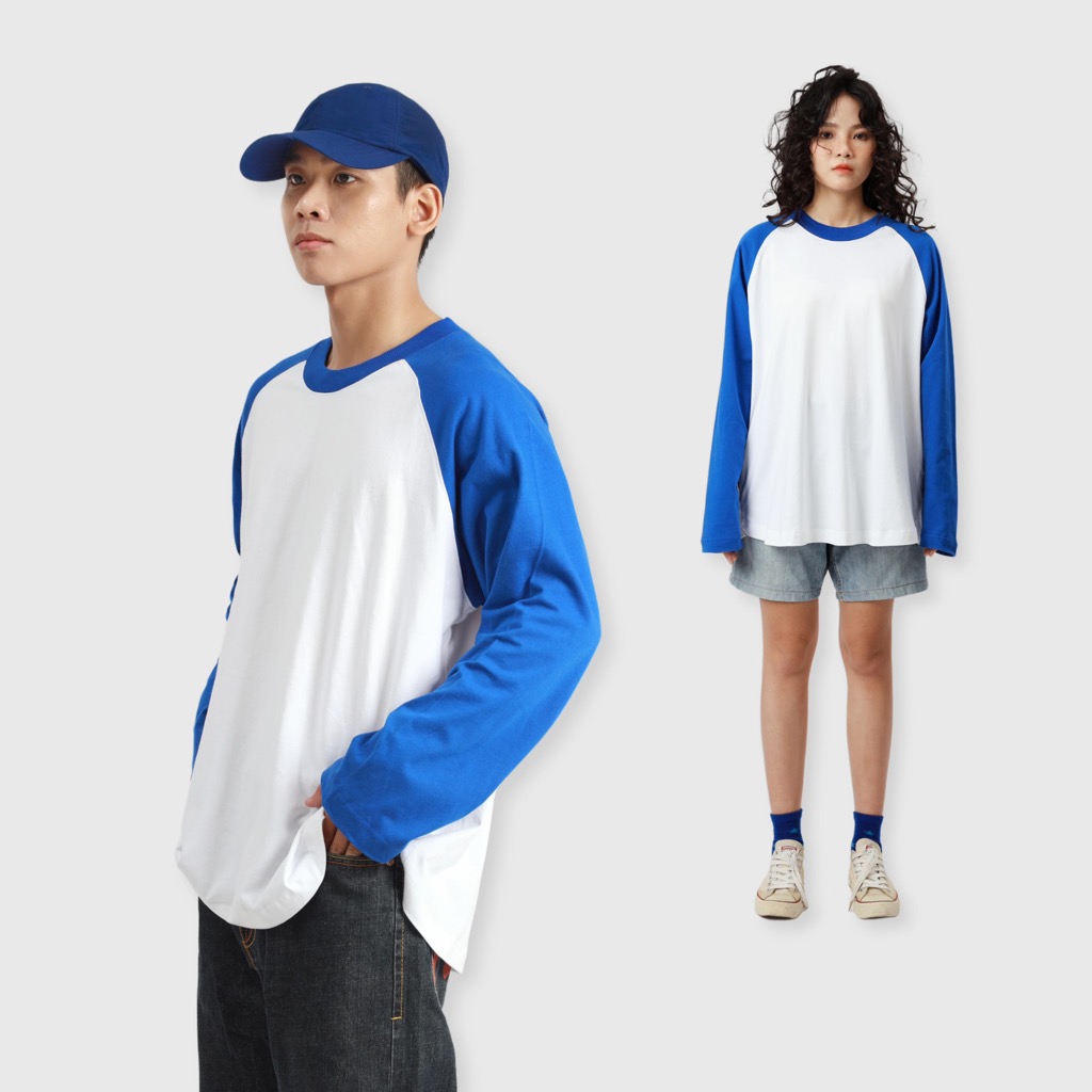 Flexible raglan White Blue | MEMS Áo thun cotton nam nữ tay dài trơn cổ tròn áo phối màu