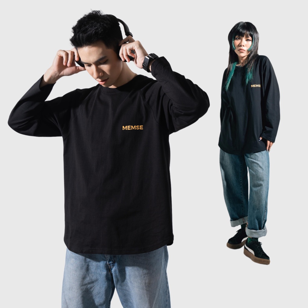 Memory long sleeves | MEMS Áo thun cotton nam nữ tay dài trơn cổ tròn in slogan