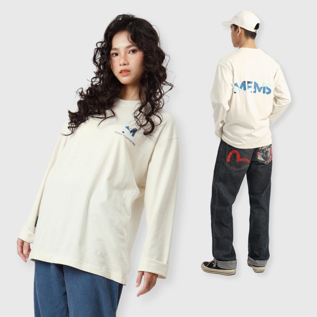Ocean long sleeves | MEMS Áo thun cotton nam nữ tay dài cổ tròn in logo màu thiên nhiên