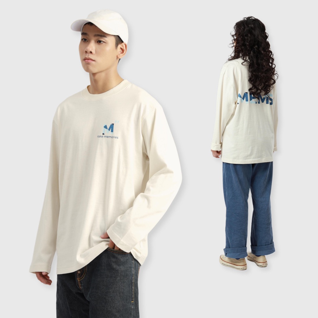 Ocean long sleeves | MEMS Áo thun cotton nam nữ tay dài cổ tròn in logo màu thiên nhiên