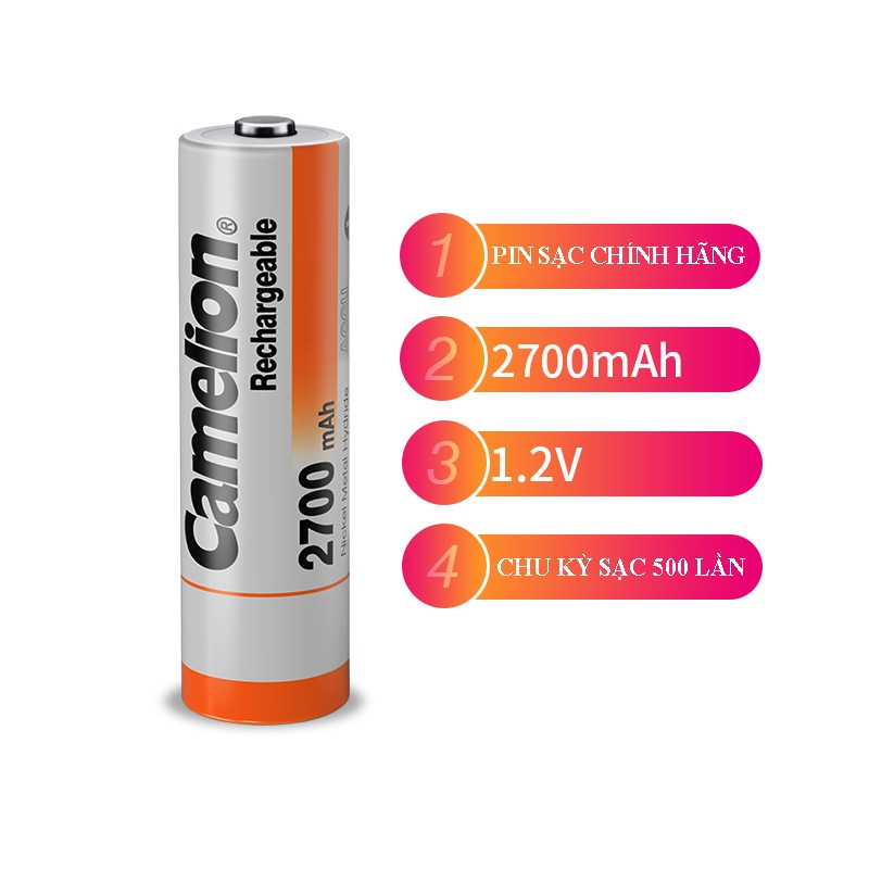 Combo 04 viên pin tiểu AA sạc Camelion 2700mAh, có thể thay thế pin 1,5V - Hàng chính hãng