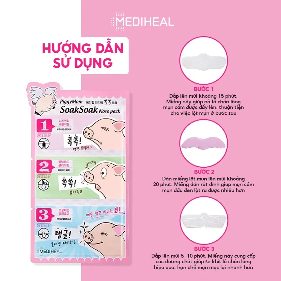 Miếng Dán Lột Mụn Mũi 3 Bước Mediheal PiggyMom Soak 6g