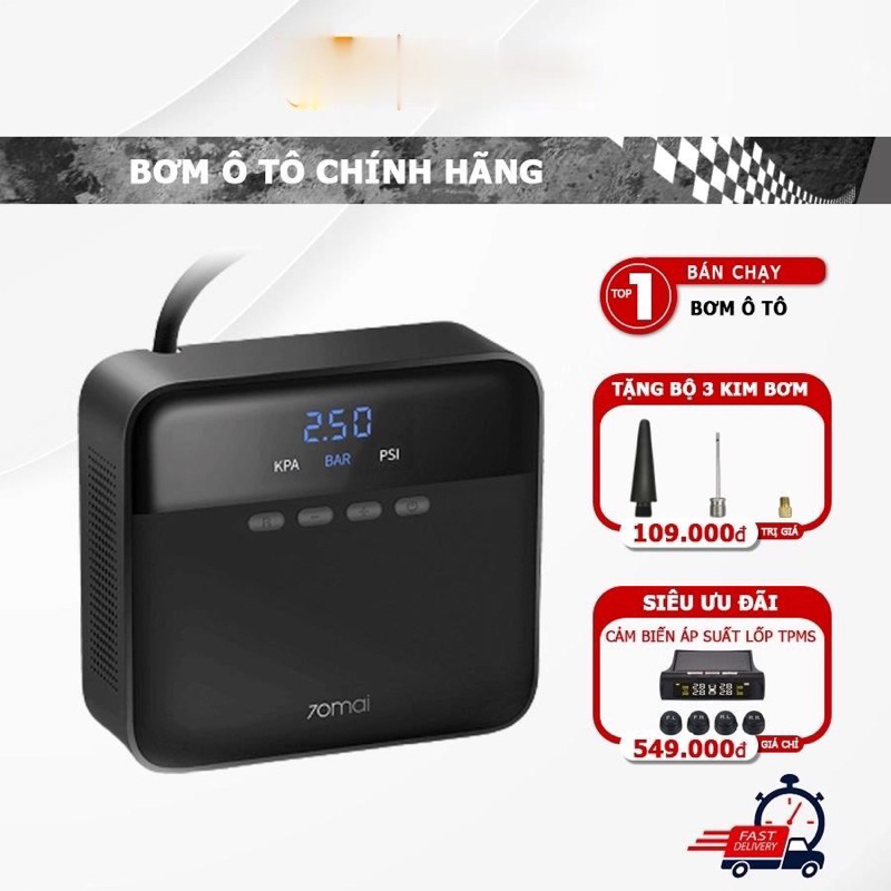 Bơm Lốp Ô Tô Xiaomi 70mai Midrive TP03 bơm điện đa năng áp suất 11bar chân tẩu ô tô BH chính hãng