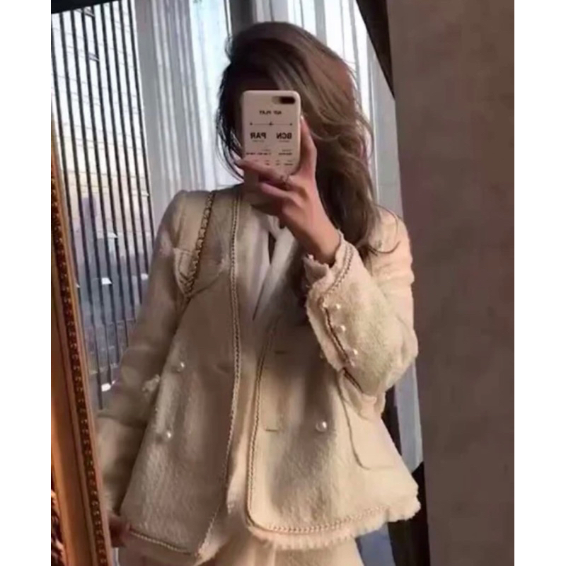 PASS Set Dạ Tweed Trắng Be Áo Dạ Trắng Be Chân Váy Dạ Trắng Be