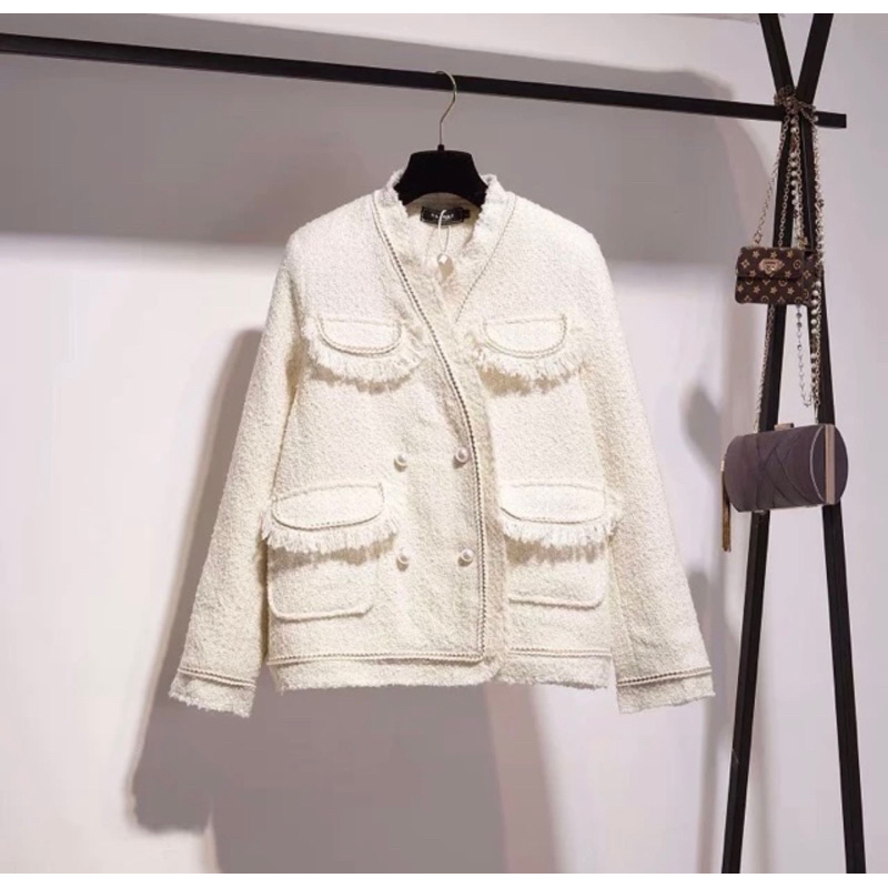 PASS Set Dạ Tweed Trắng Be Áo Dạ Trắng Be Chân Váy Dạ Trắng Be