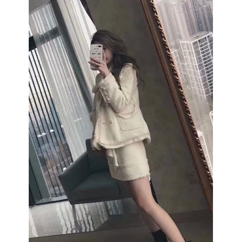 PASS Set Dạ Tweed Trắng Be Áo Dạ Trắng Be Chân Váy Dạ Trắng Be