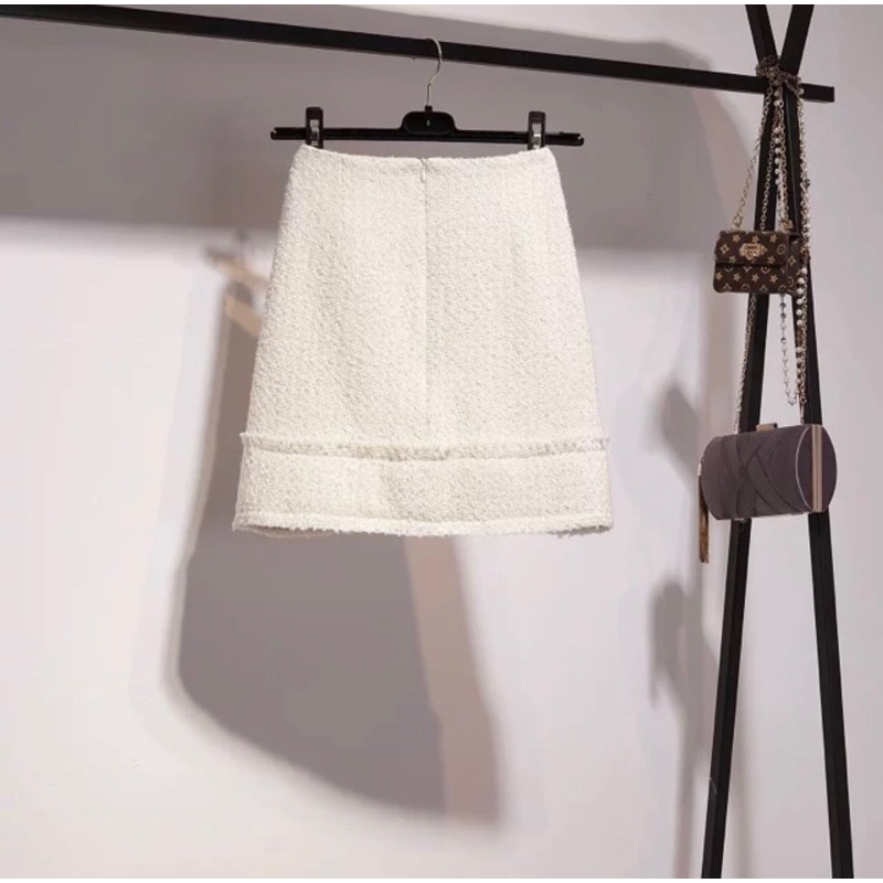 PASS Set Dạ Tweed Trắng Be Áo Dạ Trắng Be Chân Váy Dạ Trắng Be