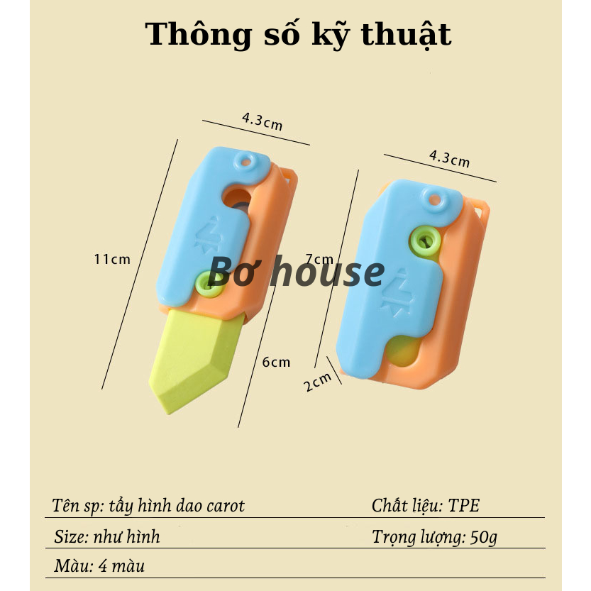 Tẩy bút chì hình dao cà rốt in 3D dễ thương nhiều màu sắc giải tỏa stress
