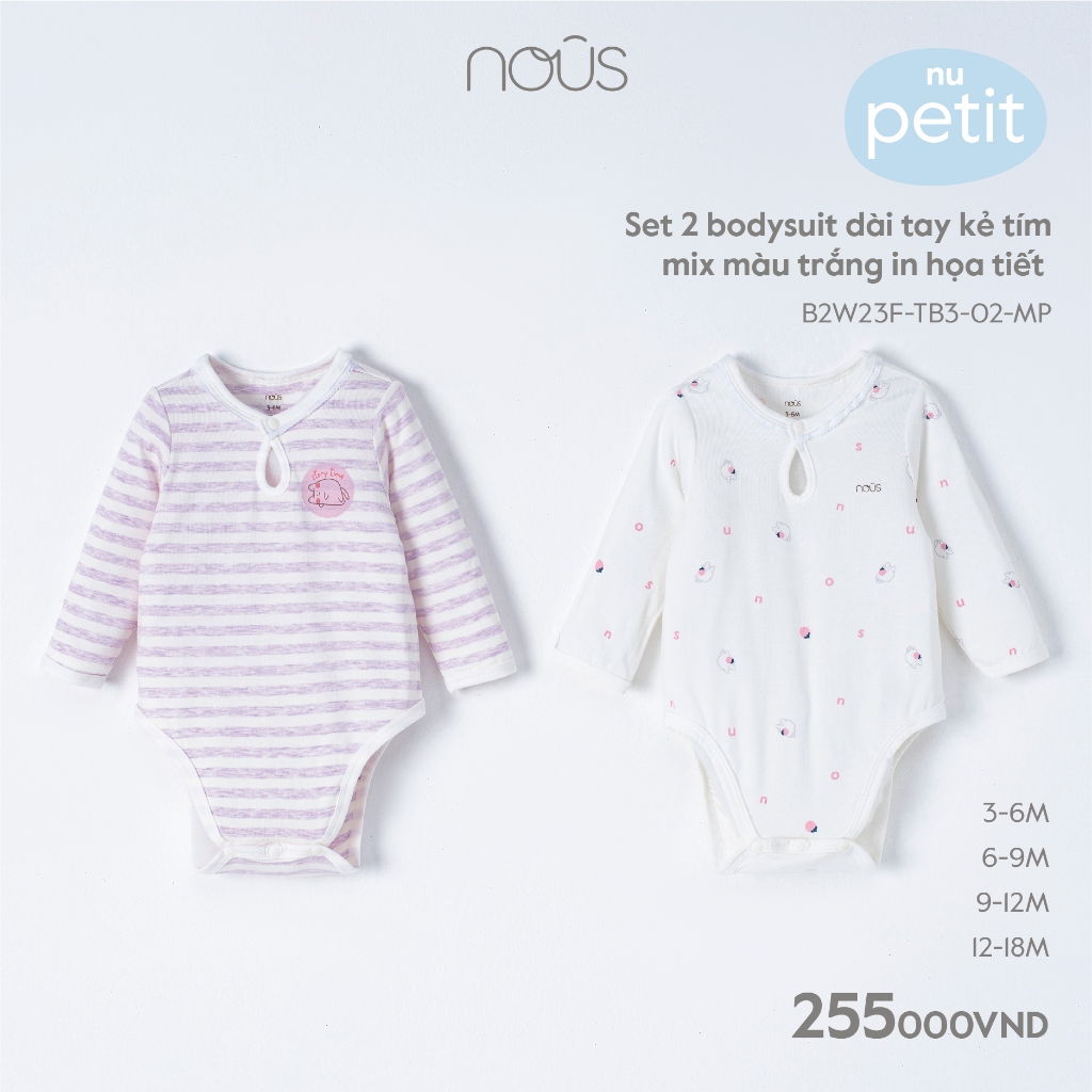 Set 2 bodysuit dài tay Nous bé gái, bé trai phối nhiều màu dễ thương cho bé từ 3-6 tháng đến 9-12 tháng