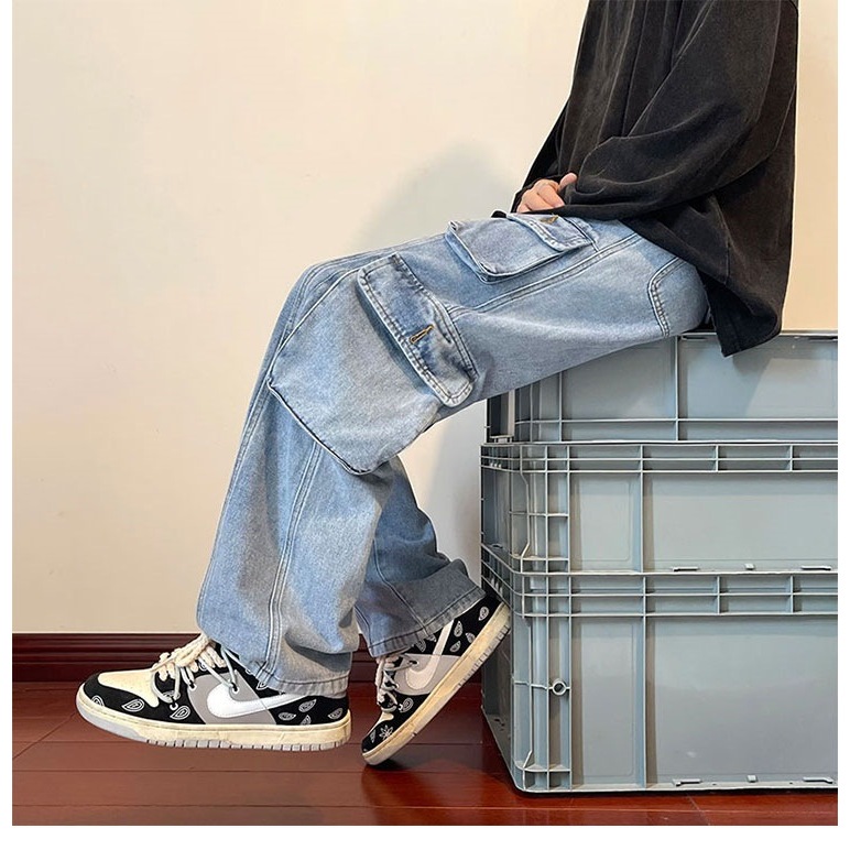 Quần cargo jean nam túi hộp XMAX ống rộng co dây đai, Quần bò túi hộp nam dáng suông có thắt lưng phong cách retro B081