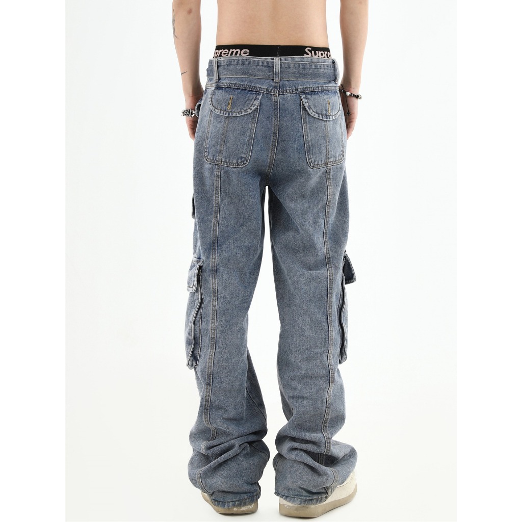 Quần cargo jean nam túi hộp XMAX ống rộng co dây đai, Quần bò túi hộp nam dáng suông có thắt lưng phong cách