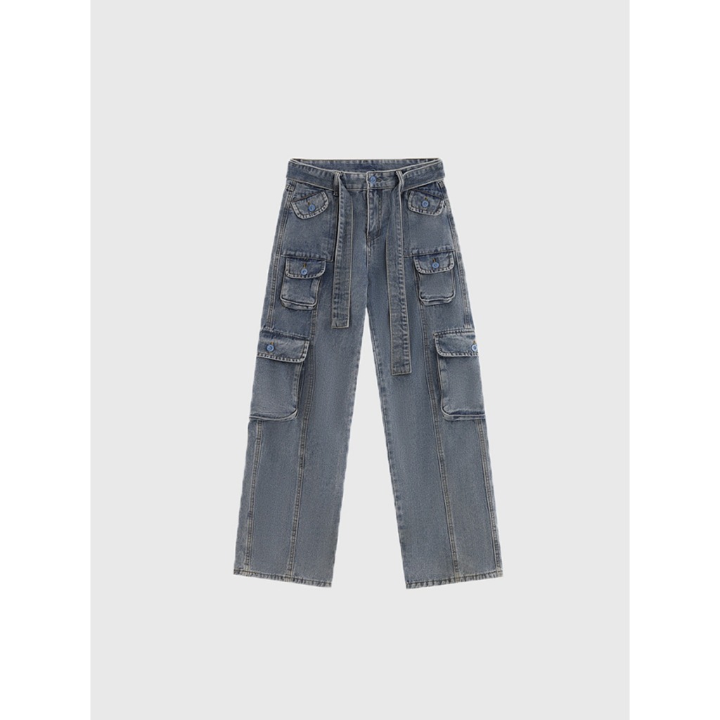 Quần cargo jean nam túi hộp XMAX ống rộng co dây đai, Quần bò túi hộp nam dáng suông có thắt lưng phong cách