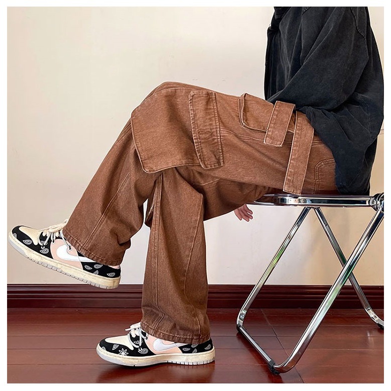 Quần cargo jean nam túi hộp XMAX ống rộng co dây đai, Quần bò túi hộp nam dáng suông có thắt lưng phong cách retro B081