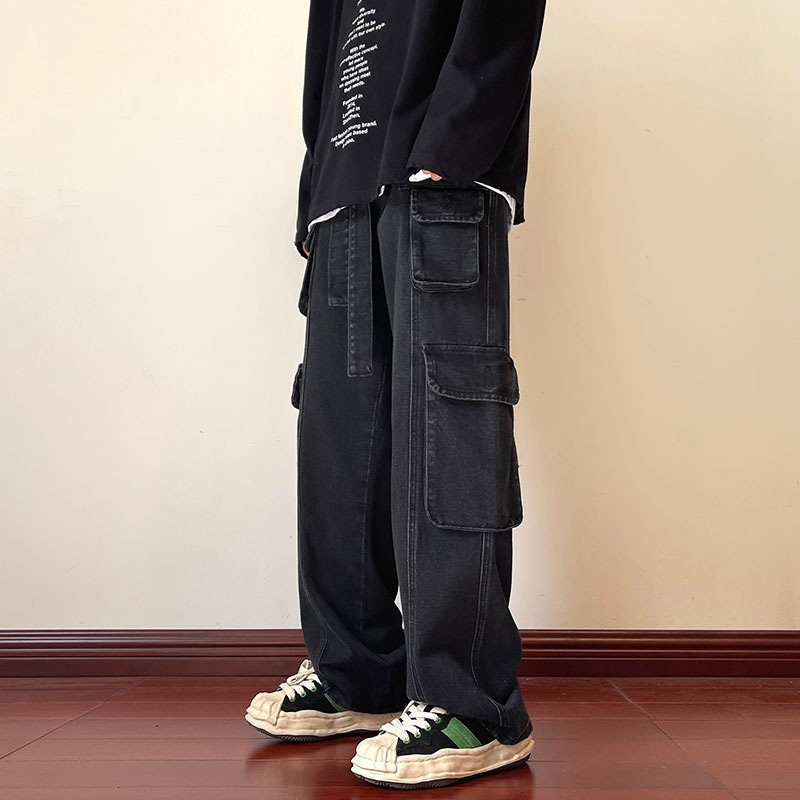Quần cargo jean nam túi hộp XMAX ống rộng co dây đai, Quần bò túi hộp nam dáng suông có thắt lưng phong cách