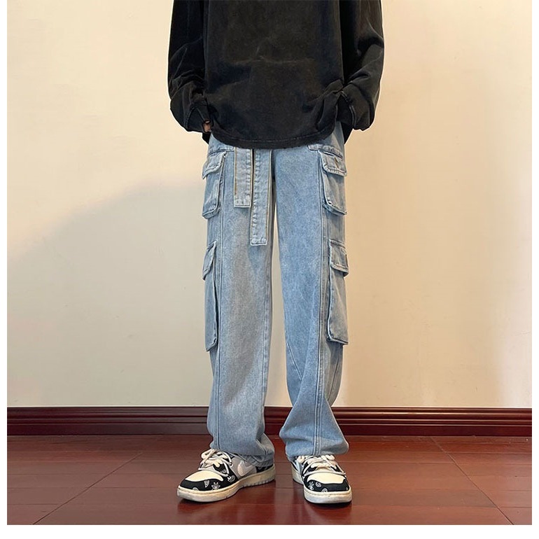 Quần cargo jean nam túi hộp XMAX ống rộng co dây đai, Quần bò túi hộp nam dáng suông có thắt lưng phong cách retro B081