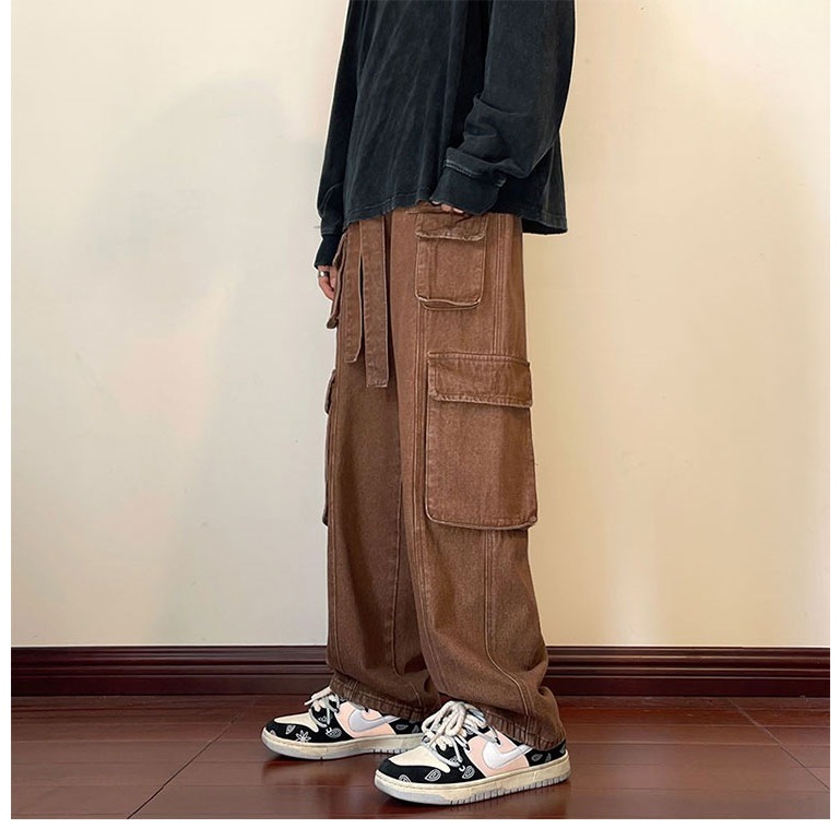 Quần cargo jean nam túi hộp XMAX ống rộng co dây đai, Quần bò túi hộp nam dáng suông có thắt lưng phong cách retro B081