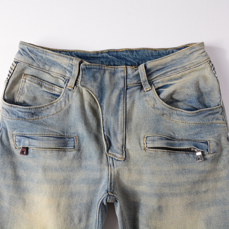 Quần Jean Xanh Nam Phối Đùi Vải Nhăn Khoá Zip