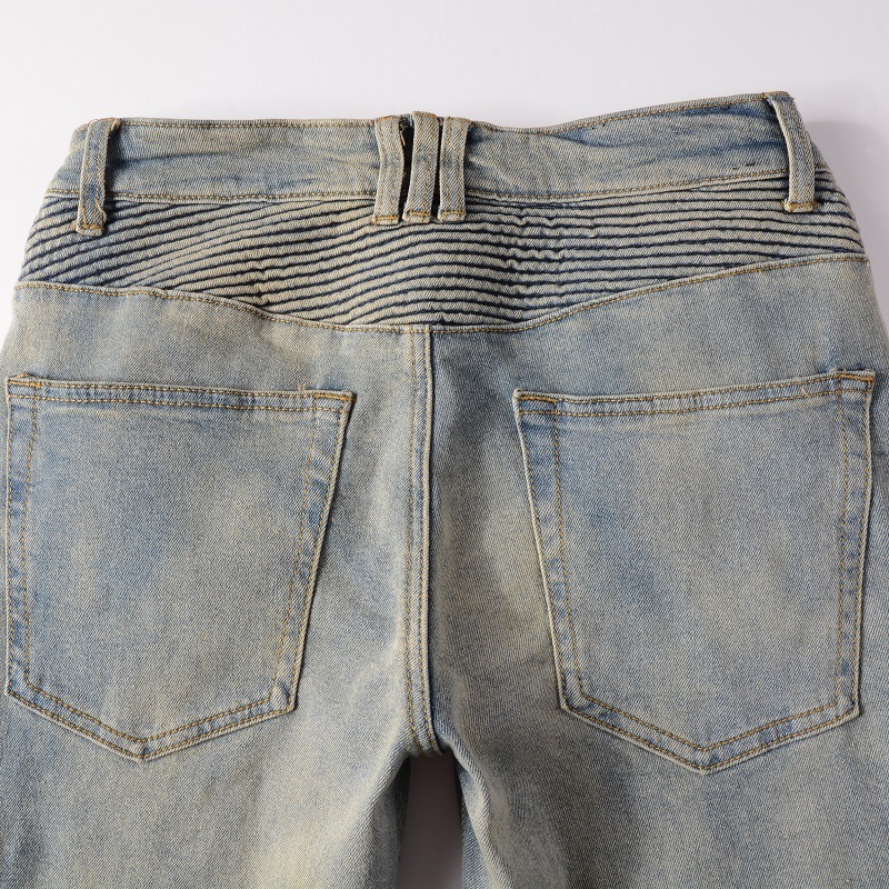 Quần Jean Xanh Nam Phối Đùi Vải Nhăn Khoá Zip