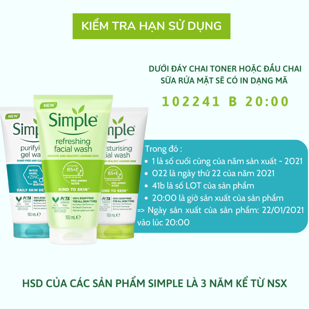 Sữa Rửa Mặt Simple, SRM Simple, Gel Rửa Mặt Cho Da Dầu Mụn Dưỡng Ẩm Da Khô, Nhạy Cảm Dịu Nhẹ Chính Hãng Lành Tính 150ml