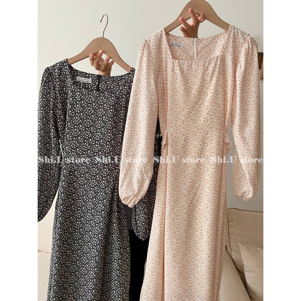 Váy babydoll hoa nhí dài tay dáng dài cổ V tay bồng chất lụa mát 2 lớp ulzzang