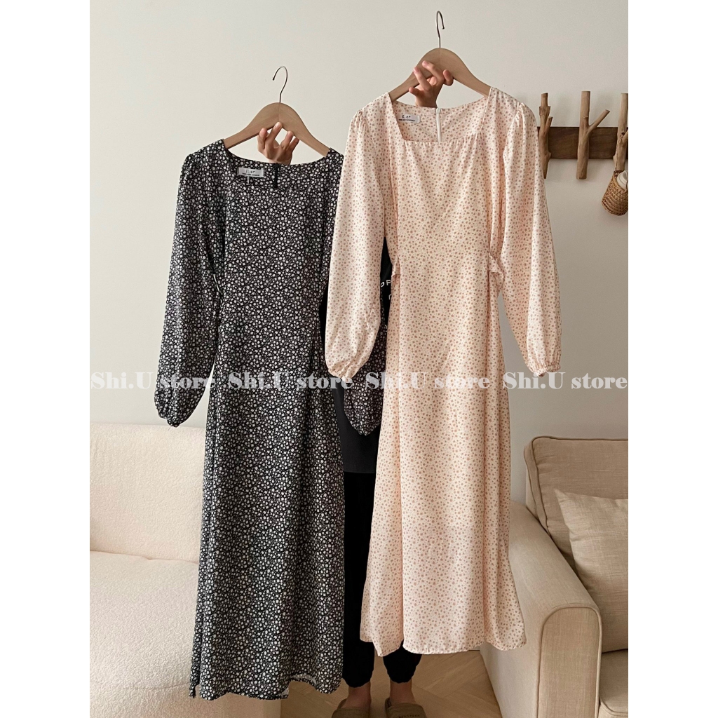 Váy babydoll hoa nhí dài tay dáng dài cổ V tay bồng chất lụa mát 2 lớp ulzzang