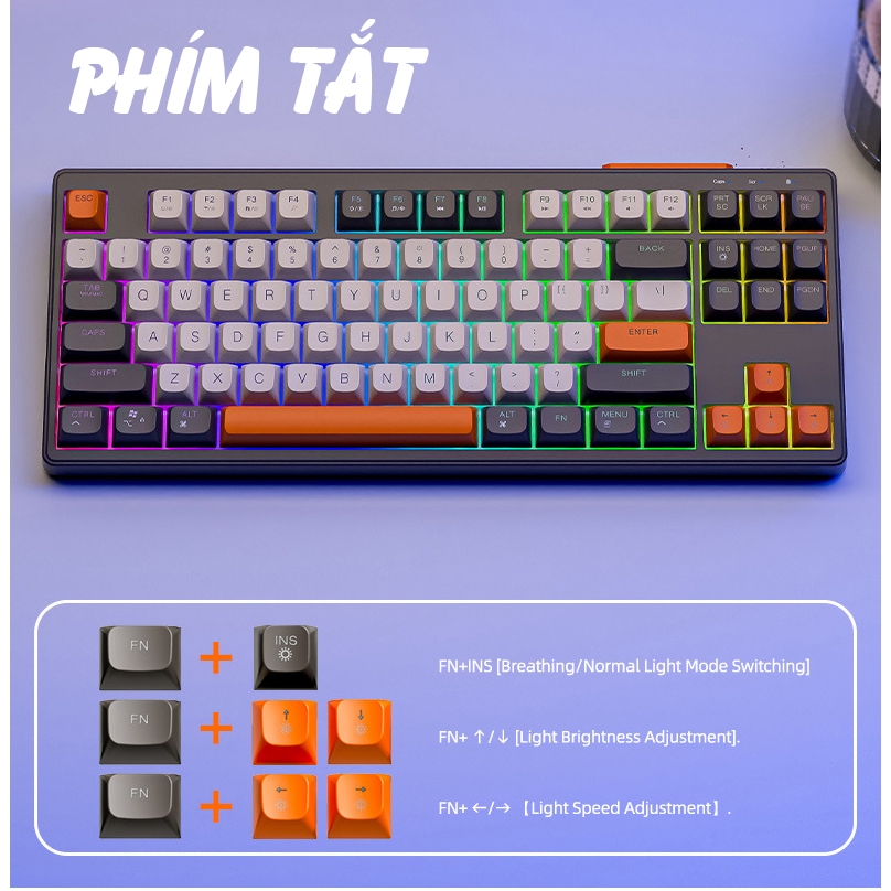 Bàn phím không dây Bluetooth M87 - Led Rainbow - Pin Sạc - Phím PBT