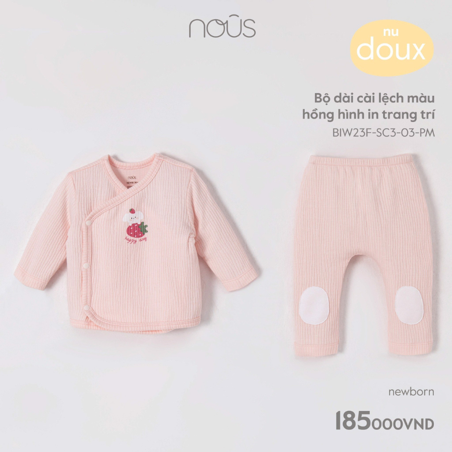 Bộ Nous dài cài lệch màu hồng hình in trang trí newborn