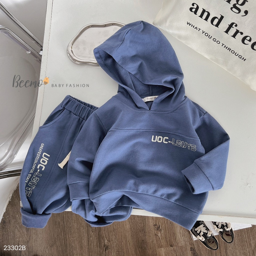 Bộ nỉ hoddie nỉ da cá in chữ unisex, bộ thu đông nỉ da cá kèm mũ trơn màu cho bé