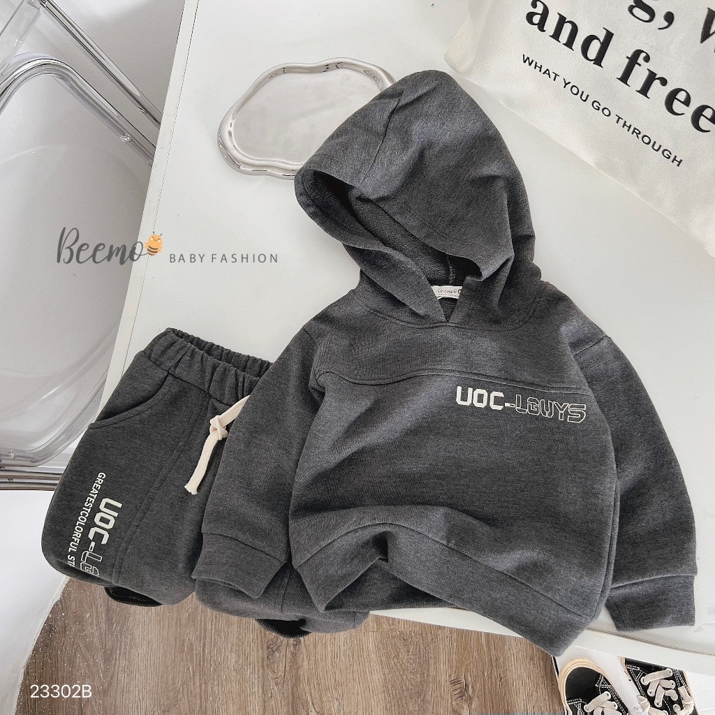 Bộ nỉ hoddie nỉ da cá in chữ unisex, bộ thu đông nỉ da cá kèm mũ trơn màu cho bé