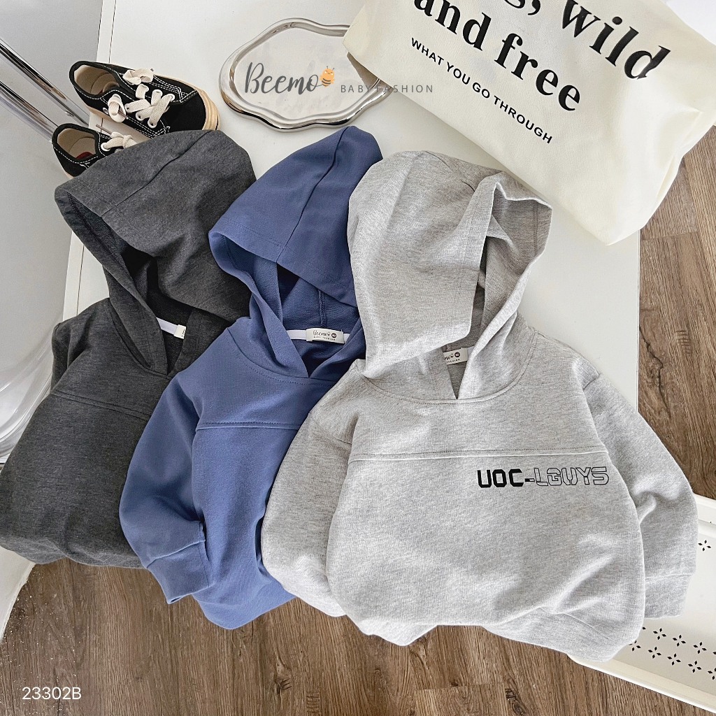 Bộ nỉ hoddie nỉ da cá in chữ unisex, bộ thu đông nỉ da cá kèm mũ trơn màu cho bé