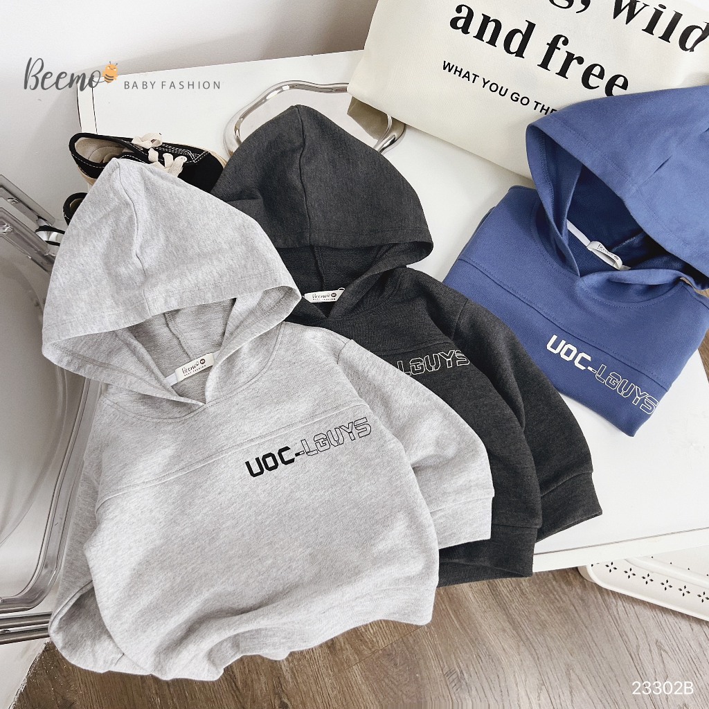 Bộ nỉ hoddie nỉ da cá in chữ unisex, bộ thu đông nỉ da cá kèm mũ trơn màu cho bé