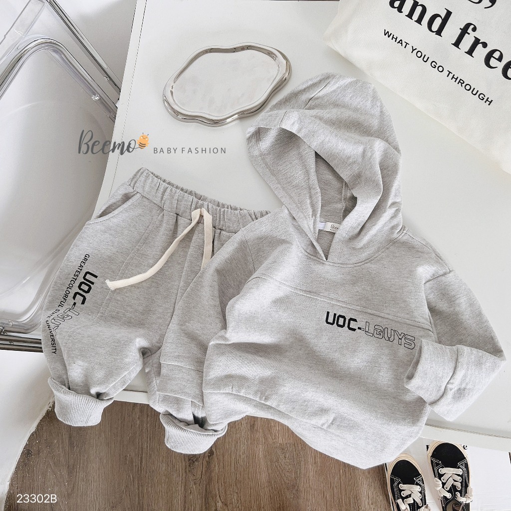 Bộ nỉ hoddie nỉ da cá in chữ unisex, bộ thu đông nỉ da cá kèm mũ trơn màu cho bé