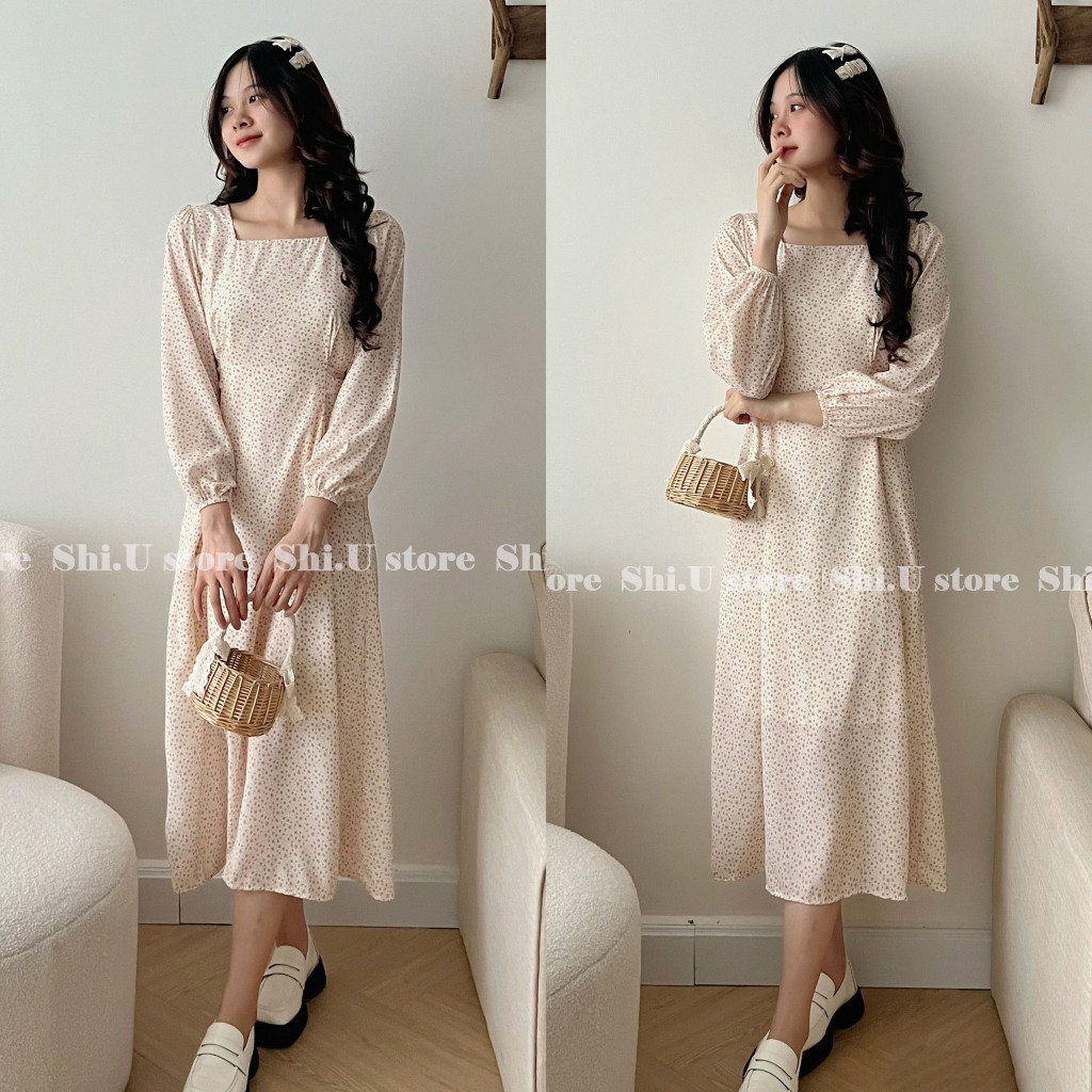 Váy babydoll hoa nhí dài tay dáng dài cổ V tay bồng chất lụa mát 2 lớp ulzzang