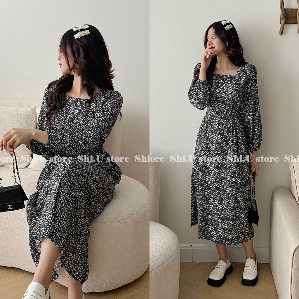 Váy babydoll hoa nhí dài tay dáng dài cổ V tay bồng chất lụa mát 2 lớp ulzzang