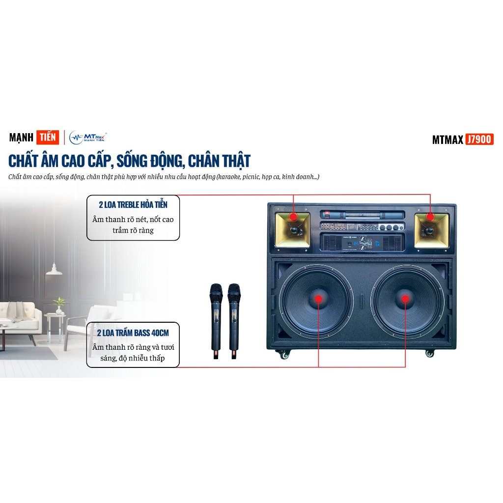 Loa Kéo Điện Cao Cấp MTMAX J7900 Bass Đôi 40cm –Combo Đẩy, Vang, Micro Âm Thanh Công Suất Lớn 1000 - 2000W, Bảo Hành 12T