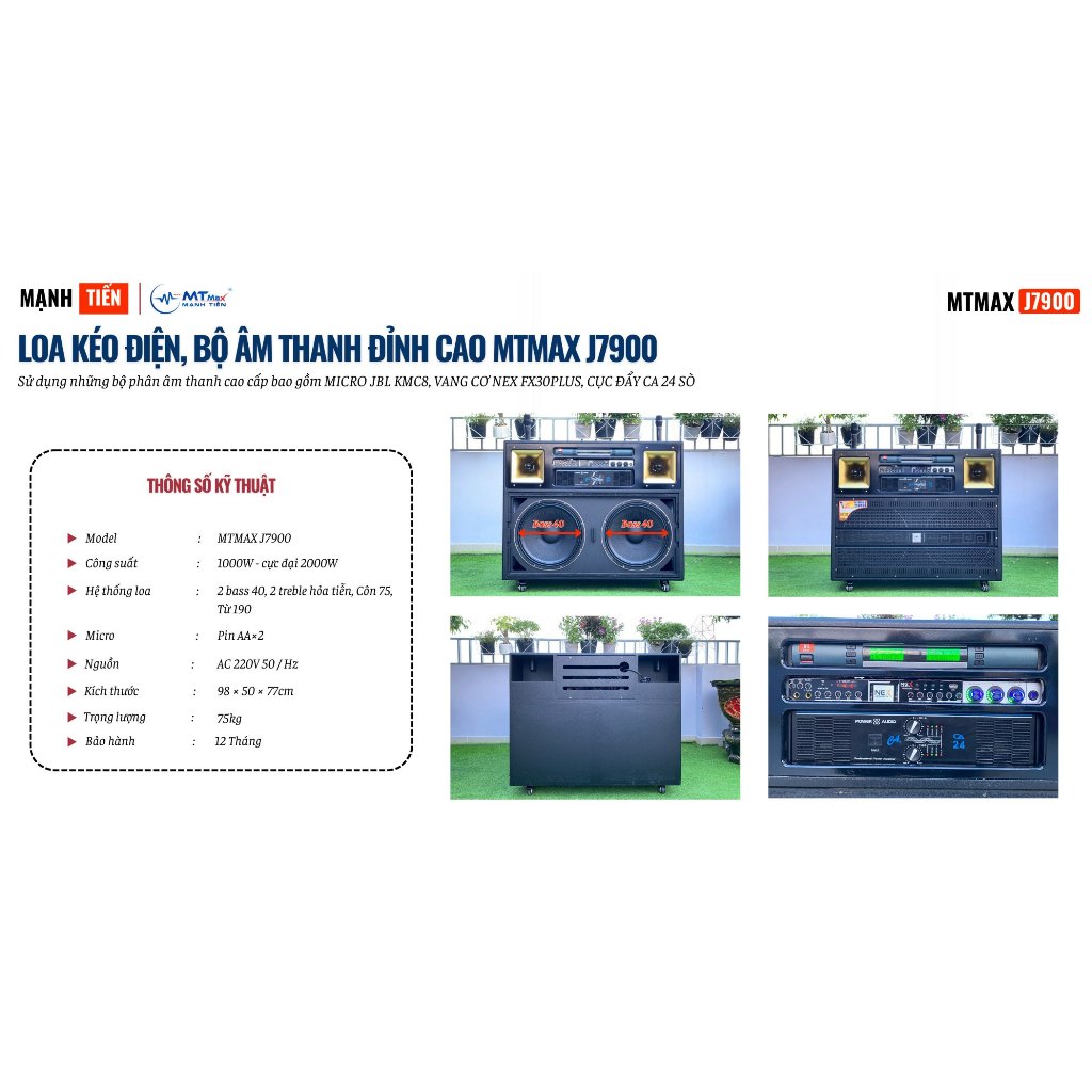 Loa Kéo Điện Cao Cấp MTMAX J7900 Bass Đôi 40cm –Combo Đẩy, Vang, Micro Âm Thanh Công Suất Lớn 1000 - 2000W, Bảo Hành 12T