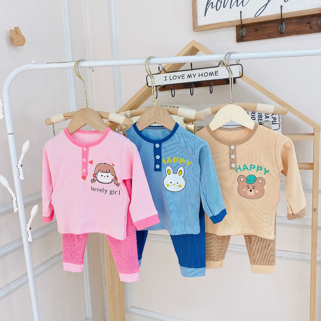 Bộ Dài Tay Thu Đông Gân Tăm Khuy Phối Cổ Trụ Mềm Mại Cho Bé Trai, Bé Gái